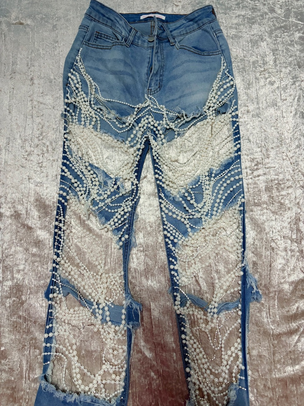 Pearl Embellished Blue Women's Jeans